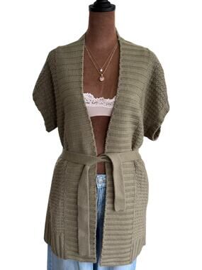 Talie Short Sleeve Woven Knit Cardigan Belted Open Front Soft Green Summer Small